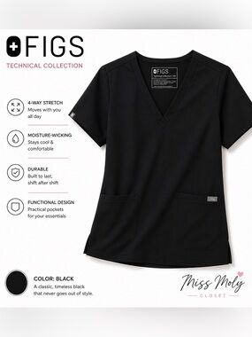 Figs Technical Collection Black V-Neck Scrub Top